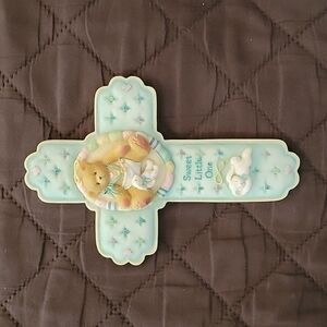 Enesco bear and bunny cross wall hanging.  "Sweet Little One" 7 x 4.5 baby 1996